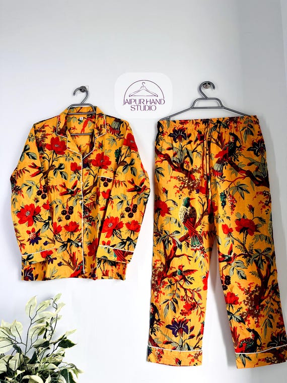 Indian Handmade 100%Cotton Beige Bird Print PJ Sets Women's Sleepwear Night Suit, Sleepwear Comforter Dress, Bridesmaid Long Pajamas Shirt