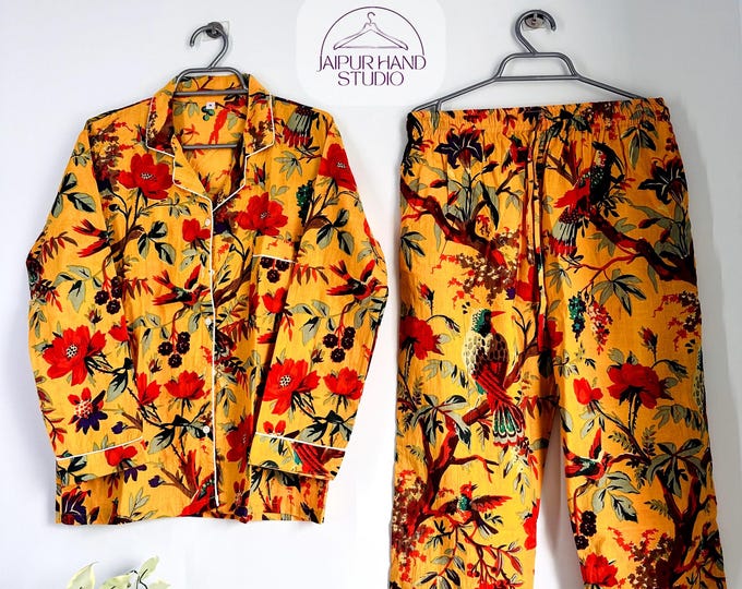 Indian Handmade 100%Cotton Beige Bird Print PJ Sets Women's Sleepwear Night Suit, Sleepwear Comforter Dress, Bridesmaid Long Pajamas Shirt