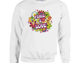 Hippie Unisex Sweatshirt, Fun Gift Idea // Carnival // Retro Flower Power // Mardi Gras // Flowers Peace Love Sizes S - 5XL