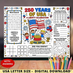 Attività per i 250 anni degli Stati Uniti: tovaglietta da colorare, lezione di storia del 4 luglio, disegno patriottico da colorare per bambini, gioco estivo per il Giorno dell'Indipendenza
