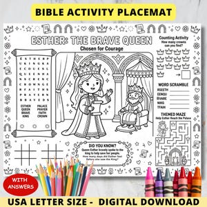May include: A black and white Bible activity placemat featuring the text "Esther: The Brave Queen." The placemat includes coloring areas, word scrambles, a maze, and a counting activity. Colored pencils and crayons are at the bottom of the image.