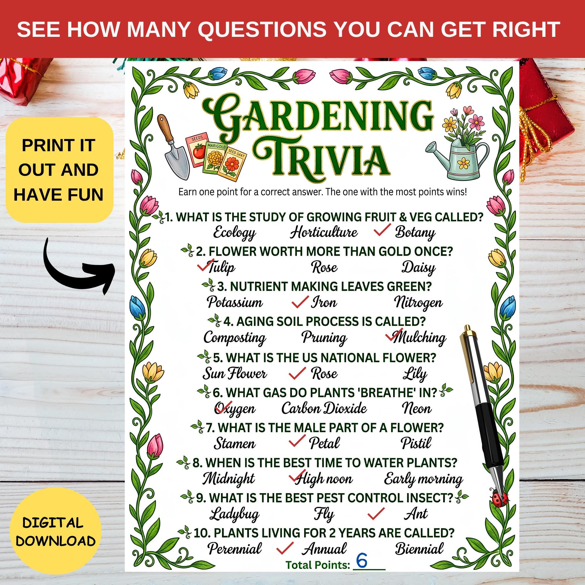 Gardening Trivia Game Printable,garden Club Quiz,fun Plant Lover ...