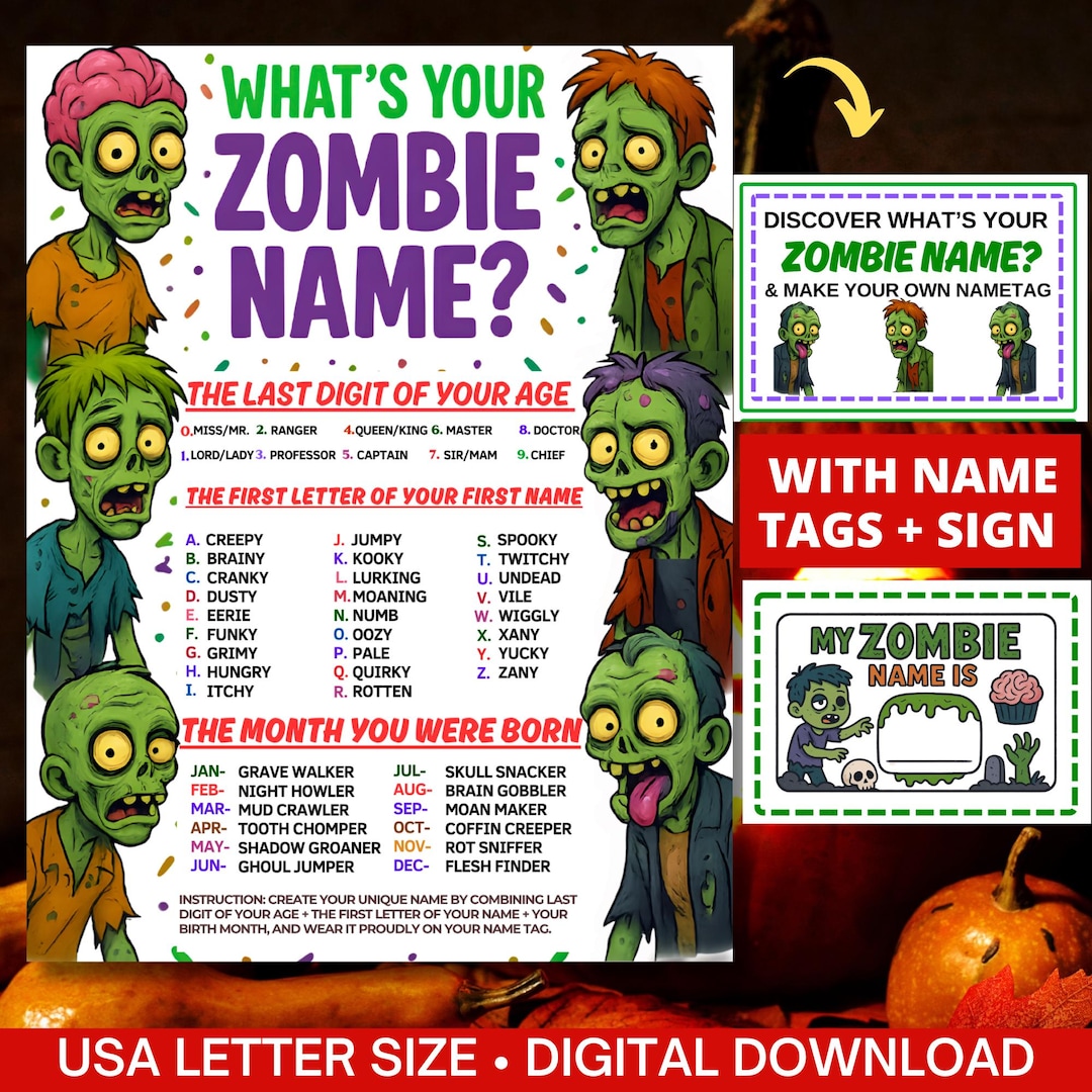 What's Your Zombie Name Game With Nametags \u0026 Sign,spooky Birthday Party  Game(kids+adult),halloween Party Game,baby Shower Game,holiday Game - Etsy, image size:1080x1080