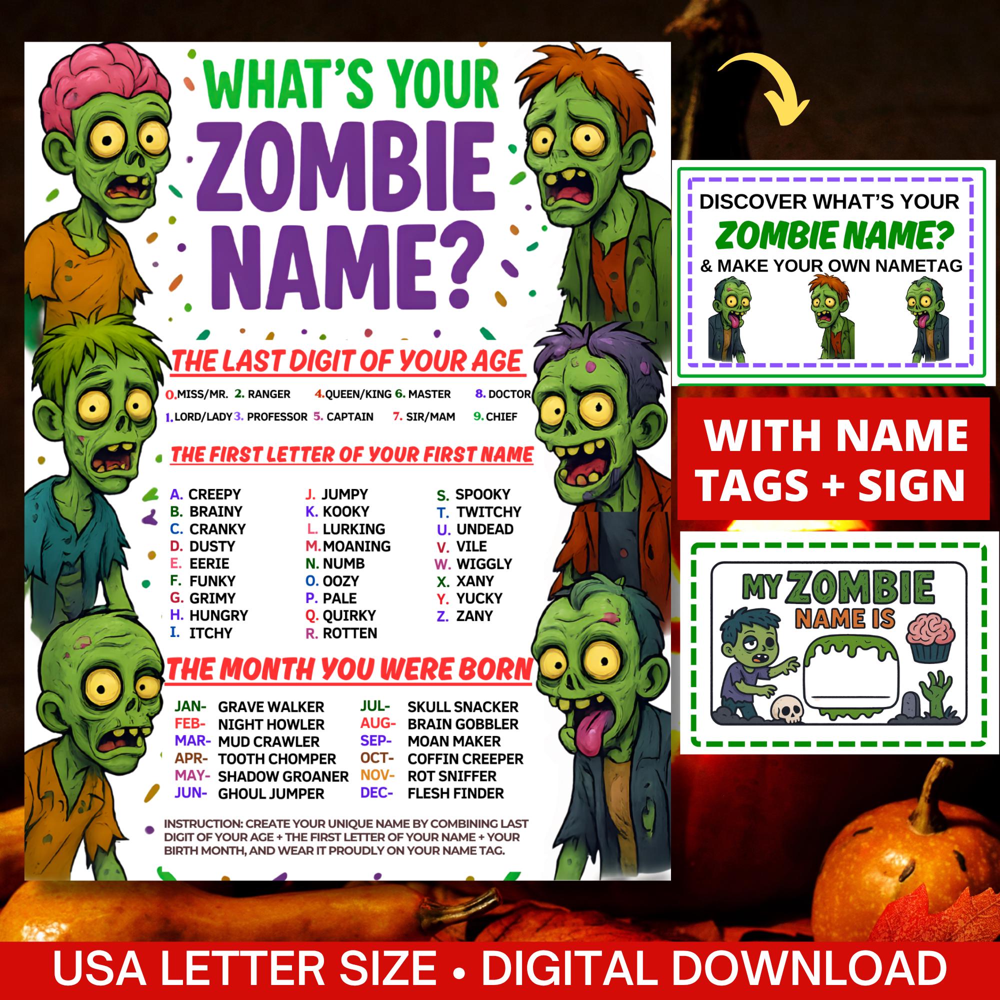 What's Your Zombie Name Game with Nametags & Sign,Spooky Birthday Party Game(Kids+Adult),Halloween Party Game,Baby Shower Game,Holiday Game