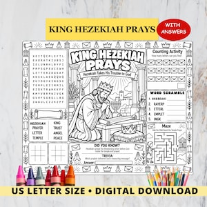 May include: A black and white printable activity sheet titled King Hezekiah Prays, featuring a word search, counting activity, word scramble, maze, and trivia. The central illustration depicts a king kneeling in prayer before a scroll.