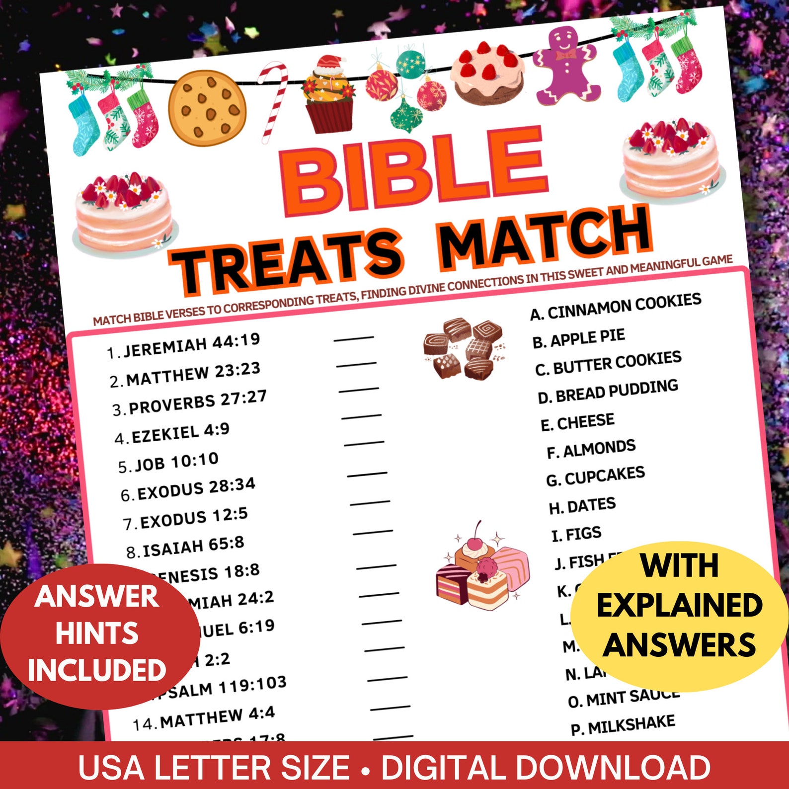 Bible Treats Match Game|bible Printable Game for Kids & Adult|church ...