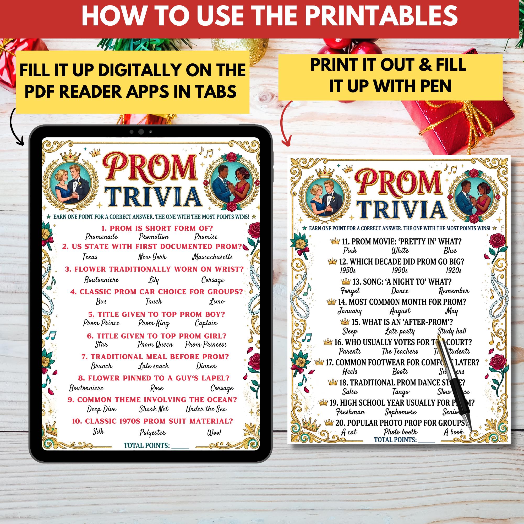 Prom Trivia Party Game Printable,high School Senior Party Quiz,fun ...