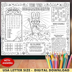 May include: Black and white digital download activity sheet titled "The Ten Commandments". Includes word search, word scramble, and maze. Features an illustration of Moses holding tablets. Coloured pencils are in the foreground.