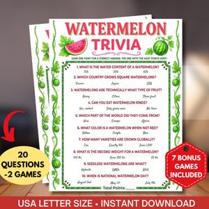 May include: Two sheets of watermelon trivia game cards with a red and green design. The title "Watermelon Trivia" is at the top. The cards include trivia questions about watermelons and the text "20 Questions - 2 Games" and "7 Bonus Games Included".