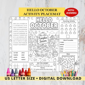 May include: A black and white activity placemat titled Hello October featuring a word search, counting activity, word scramble, maze, and trivia. The central illustration shows two children with a wagon of pumpkins, a barn, and trees. Includes crayons at the bottom.