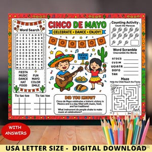 May include: A colorful Cinco de Mayo activity sheet with a word search, word scramble, maze, and counting activity. Features illustrations of children with a guitar and maracas, plus the text "Cinco de Mayo Celebrate Dance Enjoy!" and "USA Letter Size - Digital Download".
