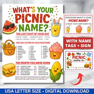 May include: A colorful digital download with picnic-themed graphics and text. The design includes a watermelon with sunglasses, a juice drink, a cupcake, and a corn. The text reads "What's Your Picnic Name?" and provides instructions for creating a unique name.