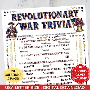 May include: A printable Revolutionary War trivia game with a patriotic theme. The design features a colonial soldier illustration, the American flag, and a bell. The game includes 20 questions, 7 bonus games, and is USA letter size.