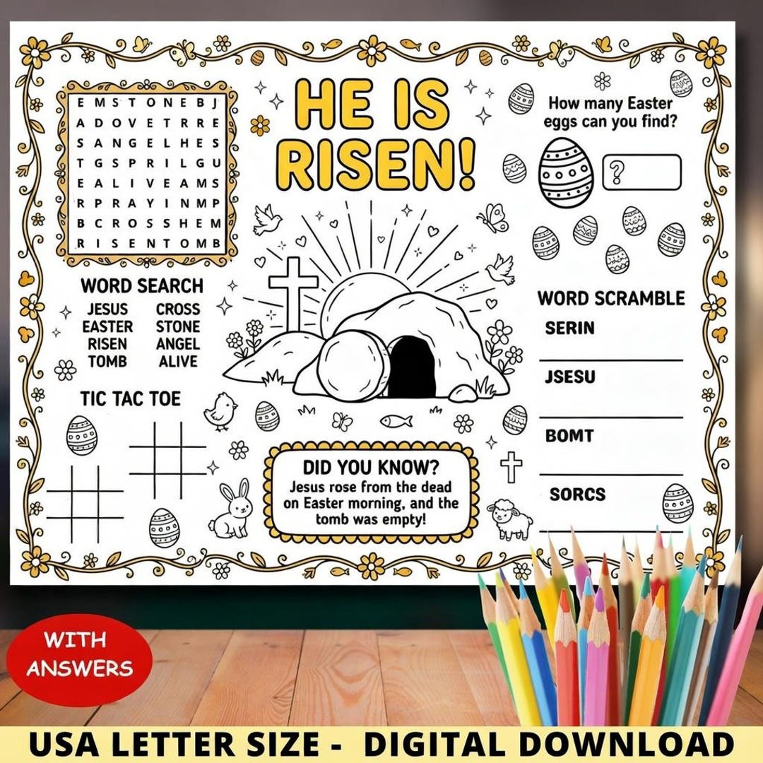 Easter HE IS RISEN Activity Placemat Craft,empty Tomb Sunday School ...