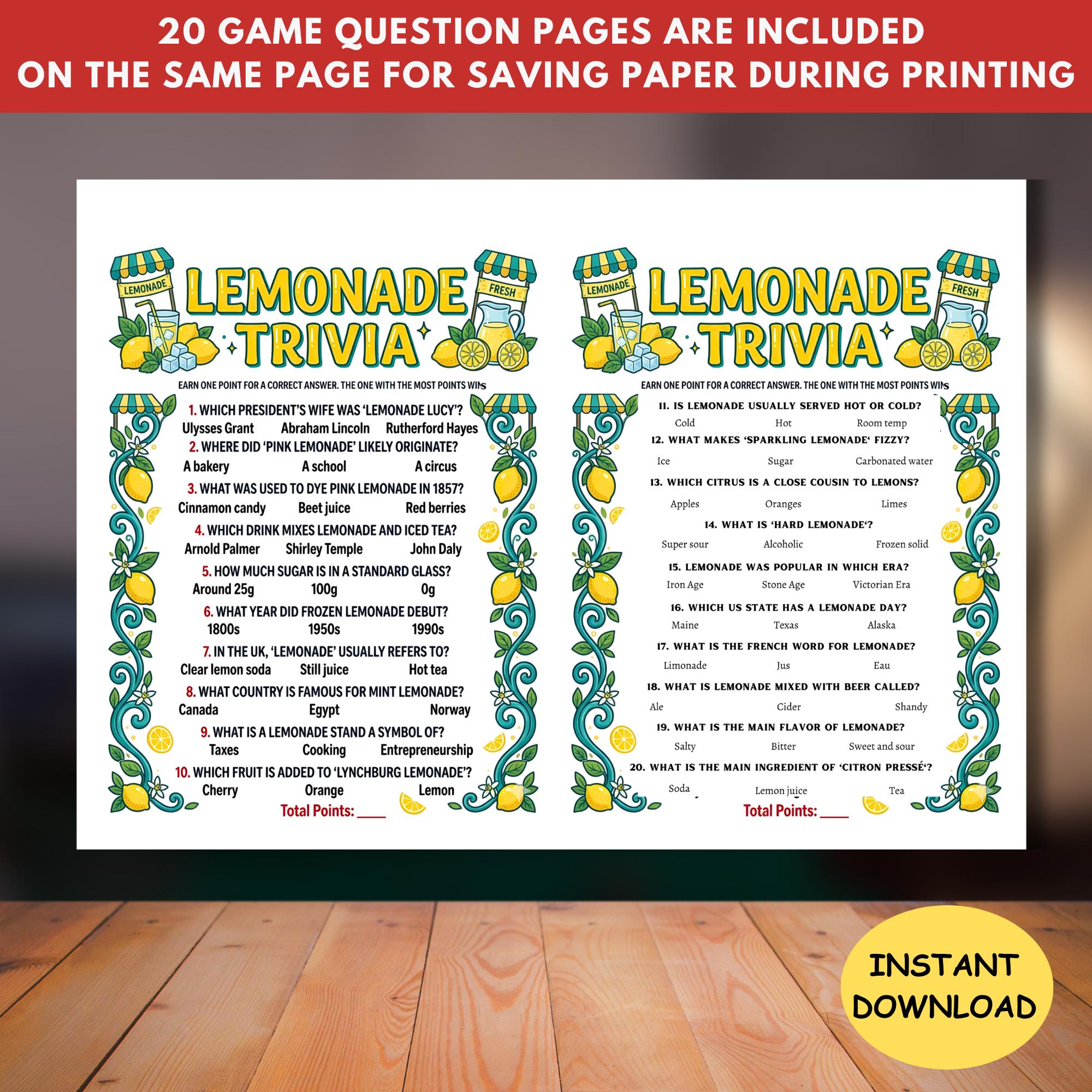 Lemonade Trivia Game Printable,summer Drink Birthday Games for Kids ...