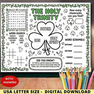 May include: Black and white printable activity sheet with a St. Patrick's Day theme. Features word search, word scramble, and a shamrock diagram labeled Father, Son, and Holy Spirit. Includes the text "The Holy Trinity" and "USA Letter Size - Digital Download."