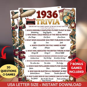 May include: A retro trivia game sheet titled "1936 Trivia" with questions about events from 1936, including the first flight of the Hindenburg and the opening of the Golden Gate Bridge. The sheet features vintage illustrations and includes 20 questions and 7 bonus games.