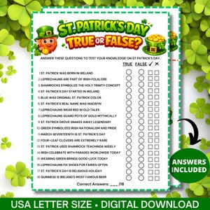Puede incluir: Un cuestionario de Verdadero o Falso sobre el tema del Día de San Patricio, con un borde verde y acentos de trébol. El cuestionario incluye preguntas sobre el Día de San Patricio, con una sección para respuestas verdaderas o falsas. Las palabras "Respuestas incluidas" son visibles.