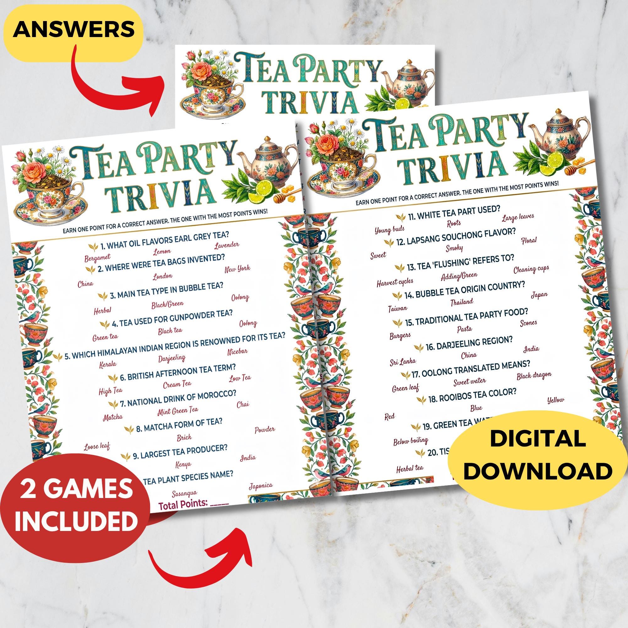 High Tea Trivia Tea Party Etiquette Trivia Game Printable,victorian Elegant Party Quiz ...