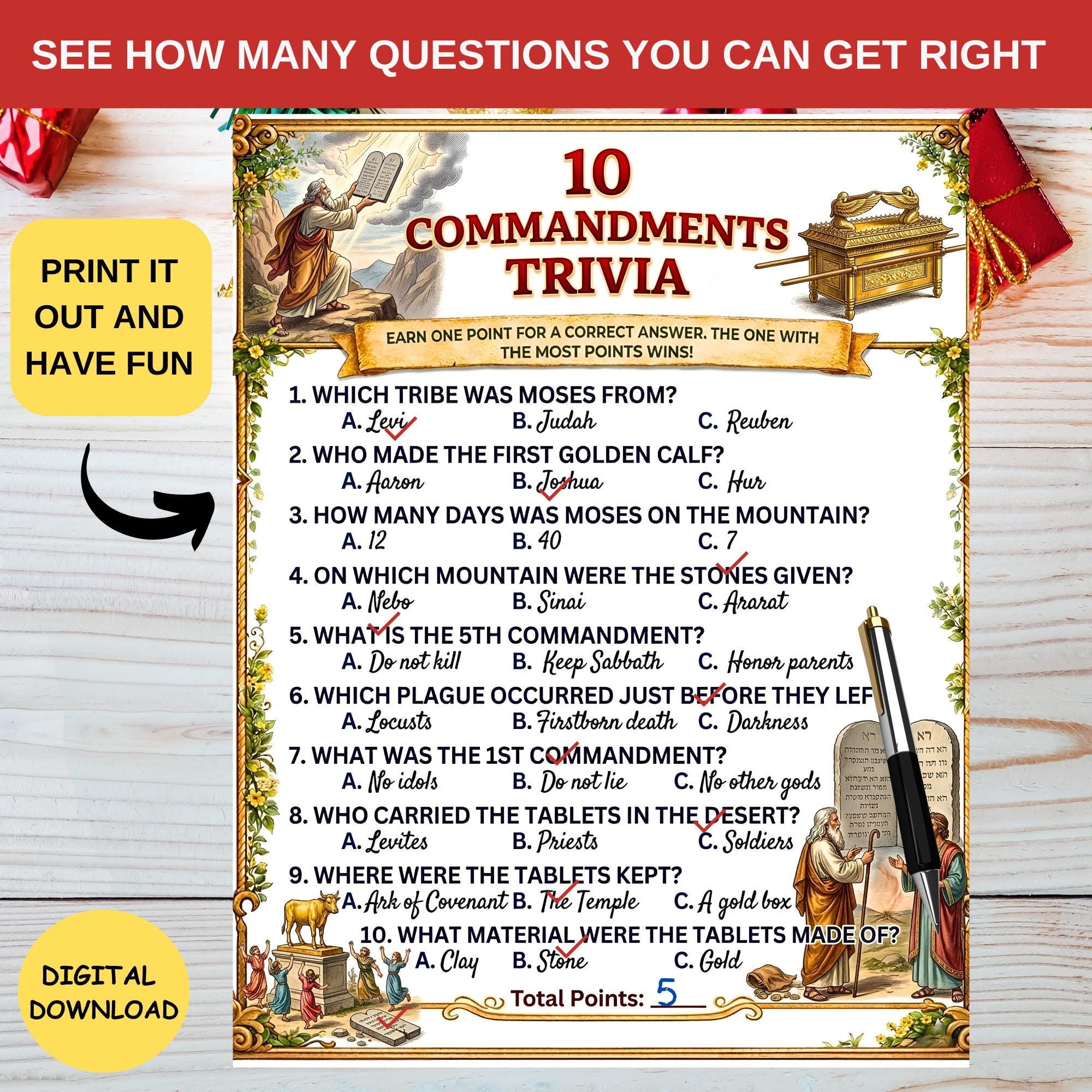 10 Commandments Trivia Game Printable for Kids,biblical History Quiz ...