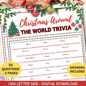 May include: A printable Christmas trivia game with 20 questions and answers. The game is themed around Christmas traditions around the world. The title is "Christmas Around The World Trivia".