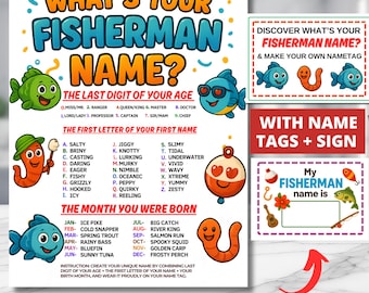 以下が含まれることがあります： What's Your Fisherman Name?というタイトルの印刷可能なゲームシート。カラフルな魚、ミミズ、釣り道具のイラストが描かれています。年齢、名前、誕生月に基づいて名前を決める手順と、お揃いのネームタグが含まれています。