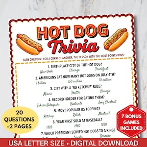Peut inclure: Un jeu de trivia imprimable sur les hot-dogs avec une bordure rouge et blanche. Le jeu comprend des questions sur les hot-dogs, avec les réponses énumérées ci-dessous. Le texte indique "Hot Dog Trivia" et "USA Letter Size - Digital Download".