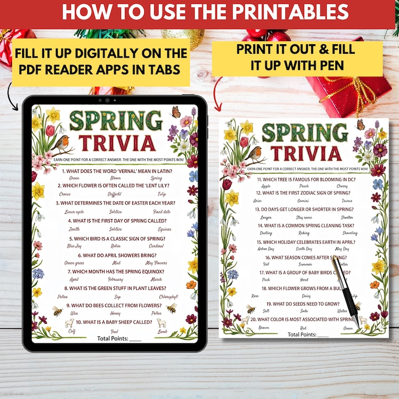 Spring Gift Questionnaire Spring Trivia Party Game Printable,spring Quiz for Kids Teen Adult ...