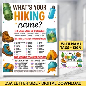 Op de afbeelding: Een afdrukbare poster met een kleurrijk ontwerp met een wandelthema. De poster bevat de titel "Wat is je wandelnaam?" en instructies om een unieke wandelnaam te maken op basis van de laatste cijfer van je leeftijd, de eerste letter van je voornaam en je geboortemaand. De poster bevat ook een naamkaartensjabloon met de tekst "Mijn wandelnaam is".