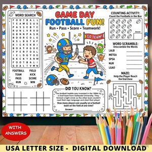 Tovaglietta per attività di football americano per il giorno della partita, pagina da colorare di football americano, attività per feste di compleanno per bambini, materiale stampabile a tema sportivo per l'homeschooling