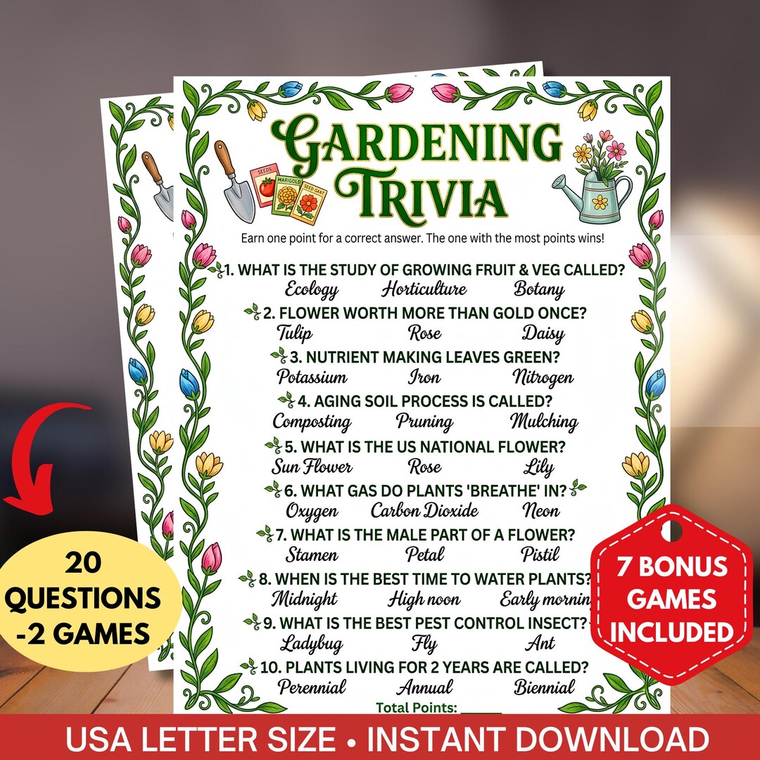 Gardening Trivia Game Printable,garden Club Quiz,fun Plant Lover ...