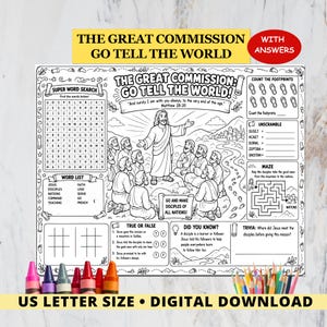 Könnte beinhalten: Ein schwarz-weißes, druckbares Arbeitsblatt mit dem Titel The Great Commission Go Tell The World, das eine zentrale Illustration von Jesus mit Jüngern, ein Wortsuchrätsel, ein Labyrinth, Worträtsel und Quizfragen für Kinder enthält.