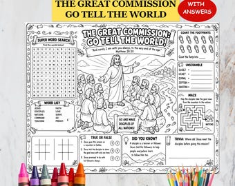 The Great Commission Go Tell the World Bible Activity Placemat, Printable Coloring Page, Sunday School Kids Lesson, Homeschool Worksheet