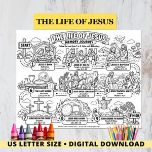 Línea de tiempo de la vida de Jesús: mantel individual, página para colorear de la historia del Evangelio, lección bíblica para la escuela dominical, secuencia de historias bíblicas para la educación cristiana en el hogar.