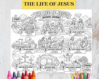Könnte beinhalten: Eine schwarz-weiße, ausdruckbare Malvorlage mit dem Titel The Life of Jesus Memory Journey. Sie zeigt einen nummerierten Pfad von 1 bis 9, der biblische Ereignisse illustriert, mit Textbeschriftungen für jede Szene sowie Start- und Zielschildern.