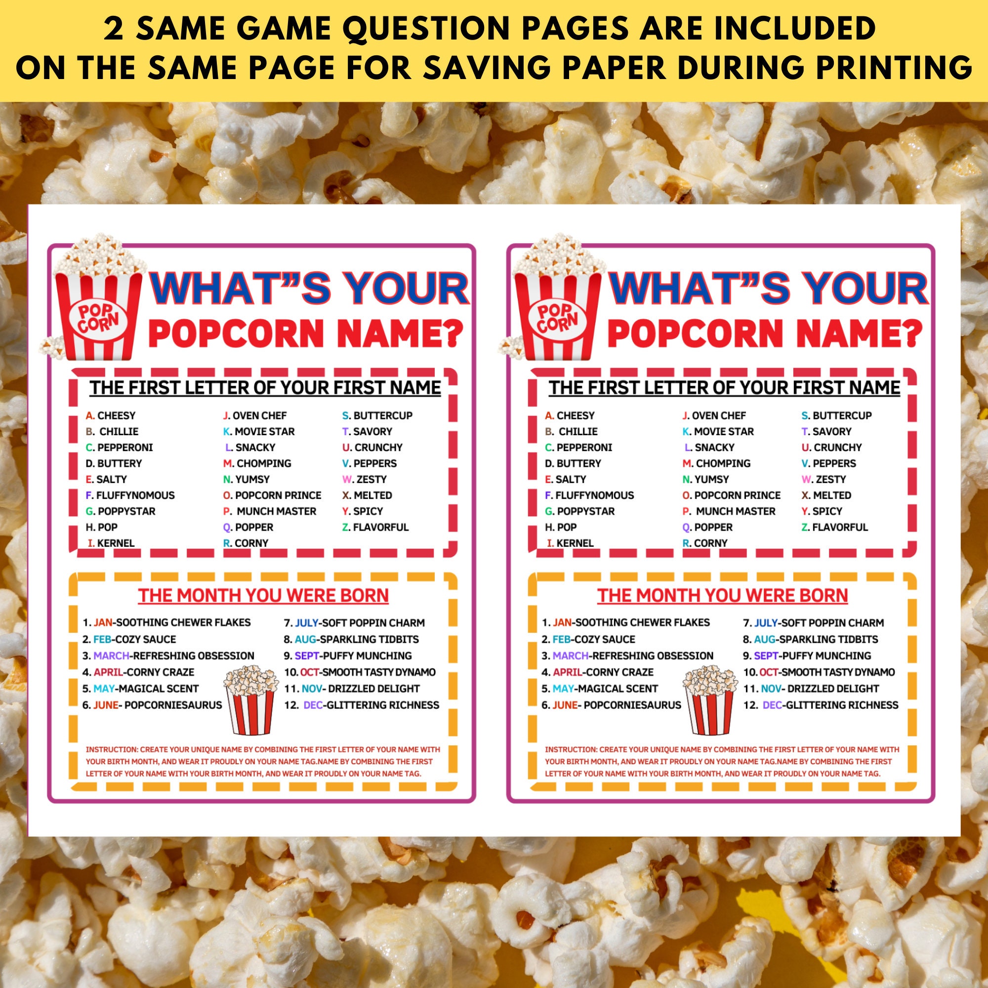 What's Your Popcorn Name Game With Name Tags & Signbirthday