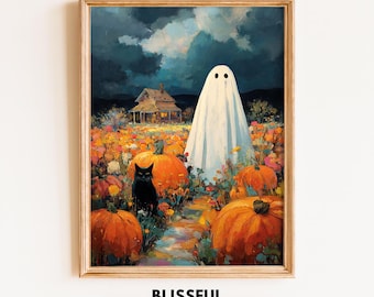 Ghost in a Pumpkin Field on a Cloudy Day–Vintage Halloween Wall Art,Rustic Fall Decor,Printable Autumn Painting,Country Farm Scene A99