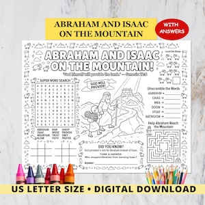 Peut inclure: Une feuille d'activités imprimable en noir et blanc intitulée Abraham and Isaac on the Mountain, comprenant une recherche de mots, un labyrinthe, des mots à remettre dans l'ordre et une illustration centrale de deux personnages sur un sentier.
