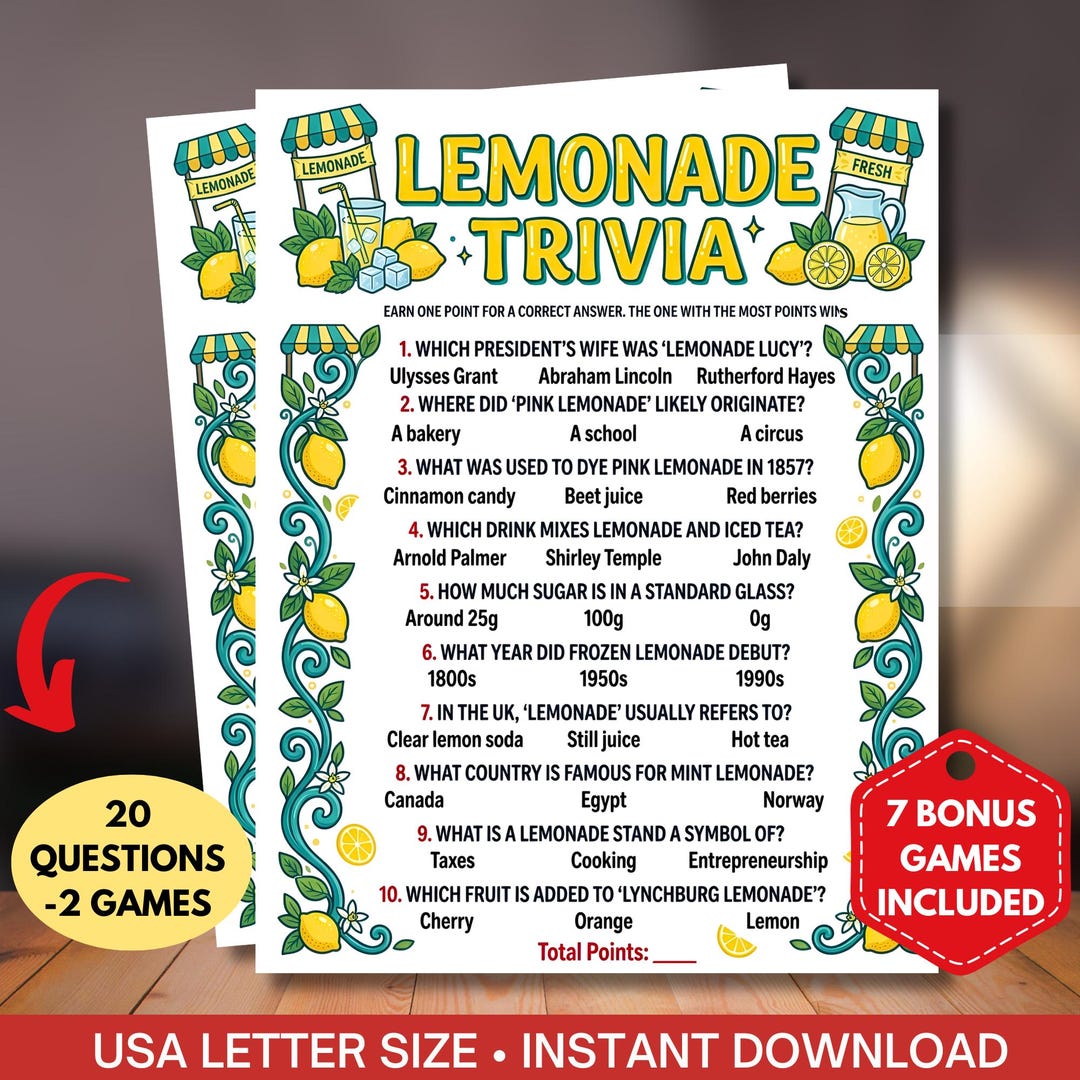 Lemonade Trivia Game Printable,summer Drink Birthday Games for Kids ...