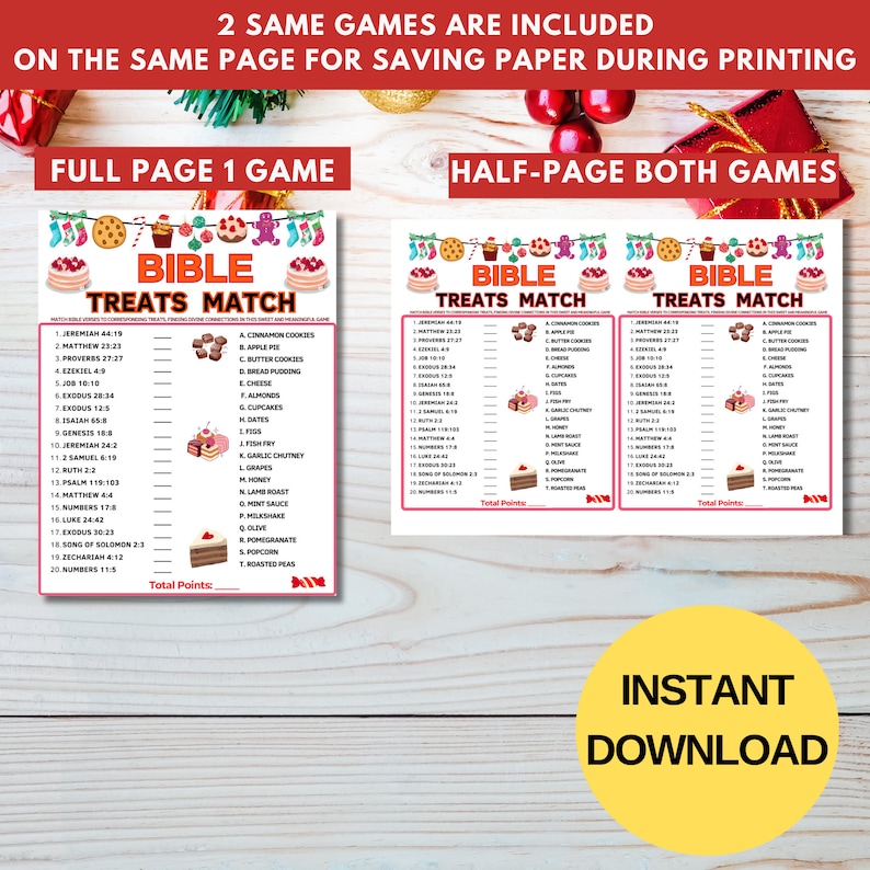Bible Treats Match Game|bible Printable Game for Kids & Adult|church ...