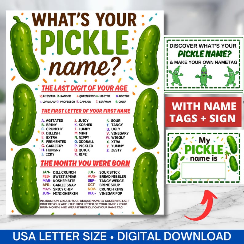 What's Your Pickle Name Game With Nametags & Sign,pickle Birthday Party ...