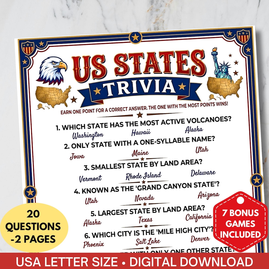 Trevia Map USA States Trivia Game Printable,america’s 250th Birthday Quiz,50 ...