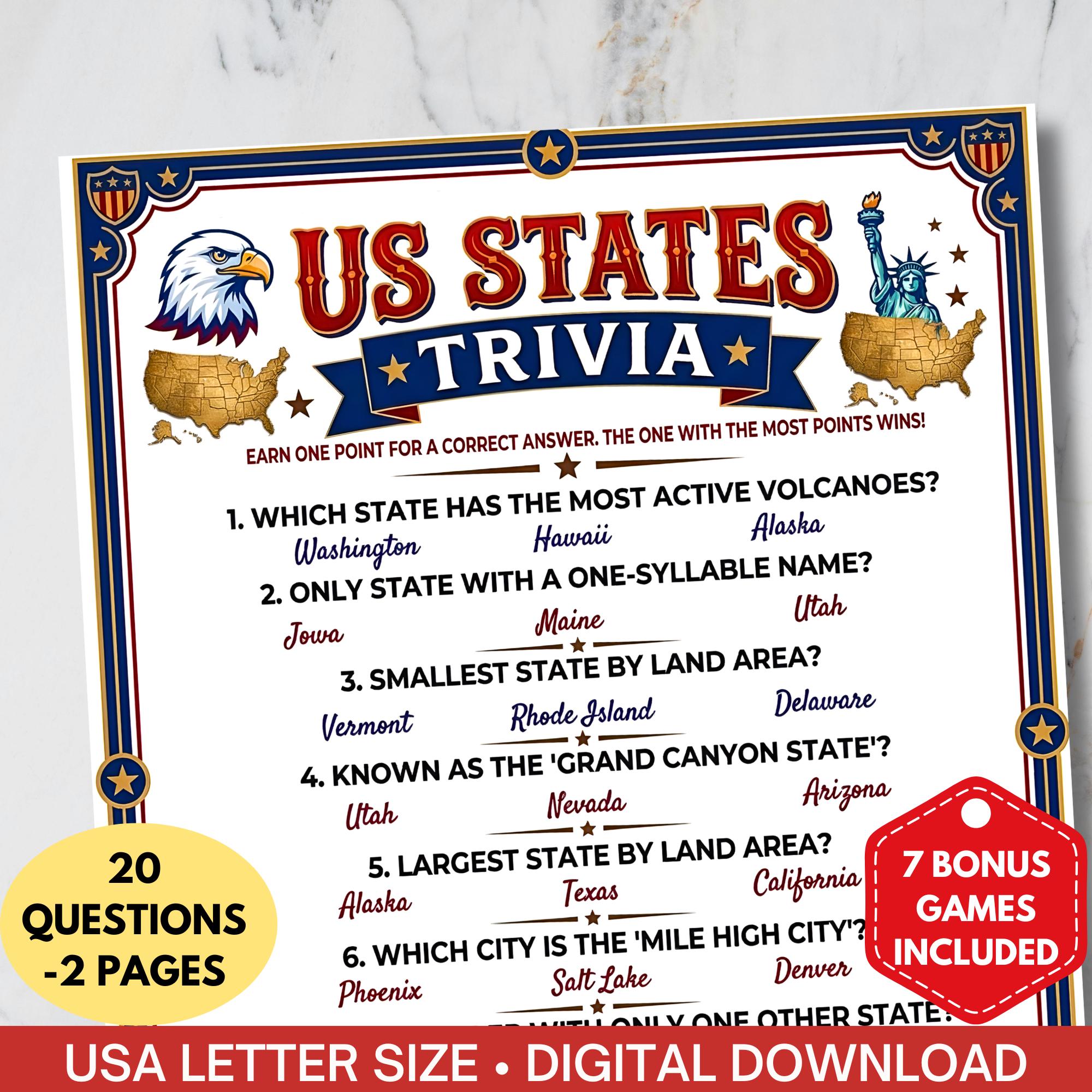 USA States Trivia Game Printable,america’s 250th Birthday Quiz,50