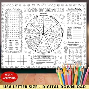 Op de afbeelding: Zwart-wit werkblad met de tekst "7 Days of Creation" en diverse puzzels, waaronder een woordzoeker, woordkruising en doolhof. Bevat een kleurenwiel dat het scheppingsverhaal weergeeft en een sectie voor het tellen van sterren. Wordt geleverd met kleurpotloden.