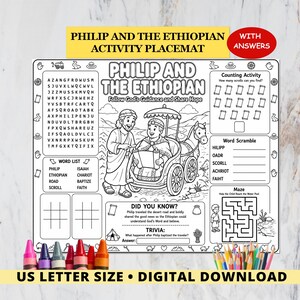 Op de afbeelding: Een zwart-wit activiteitenplacemat getiteld Philip and the Ethiopian met een woordzoeker, telopdracht, woordhussel, doolhof en trivia. De centrale illustratie toont Philip en de Ethiopiër in een strijdwagen. Inclusief kleurpotloden.