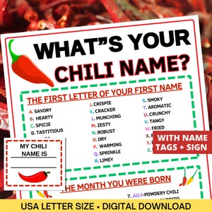 Qual é o seu jogo de nome de chili com crachás e sinalização, atividade de festa de Natal + aniversário, jogo de férias divertido para impressão de chili cookoff (crianças + adultos)