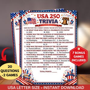 Utskrivbart frågesportspel om USA:s 250-årsjubileum, frågesport om Amerikas 250-årsdag för barn och vuxna, aktivitet om USA:s historia, klassrumsspel för USA