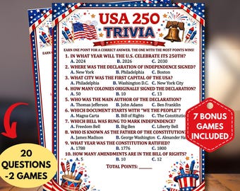 Gioco a quiz stampabile per il 250° anniversario degli Stati Uniti, quiz per il 250° compleanno dell'America per bambini e adulti, attività di storia degli Stati Uniti, gioco per la classe statunitense