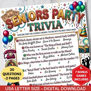 May include: A colorful Seniors Party Trivia game with 20 questions and 7 bonus games. The design includes vintage illustrations of a telephone, a jukebox, and a camera. The trivia game is a digital download, USA letter size.