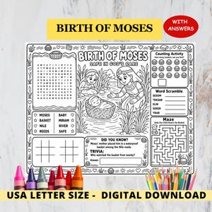 May include: A black and white activity sheet titled Birth of Moses Safe in God's Care featuring a word search, counting activity, word scramble, maze, and tic-tac-toe game. The central illustration depicts a baby in a basket among reeds.